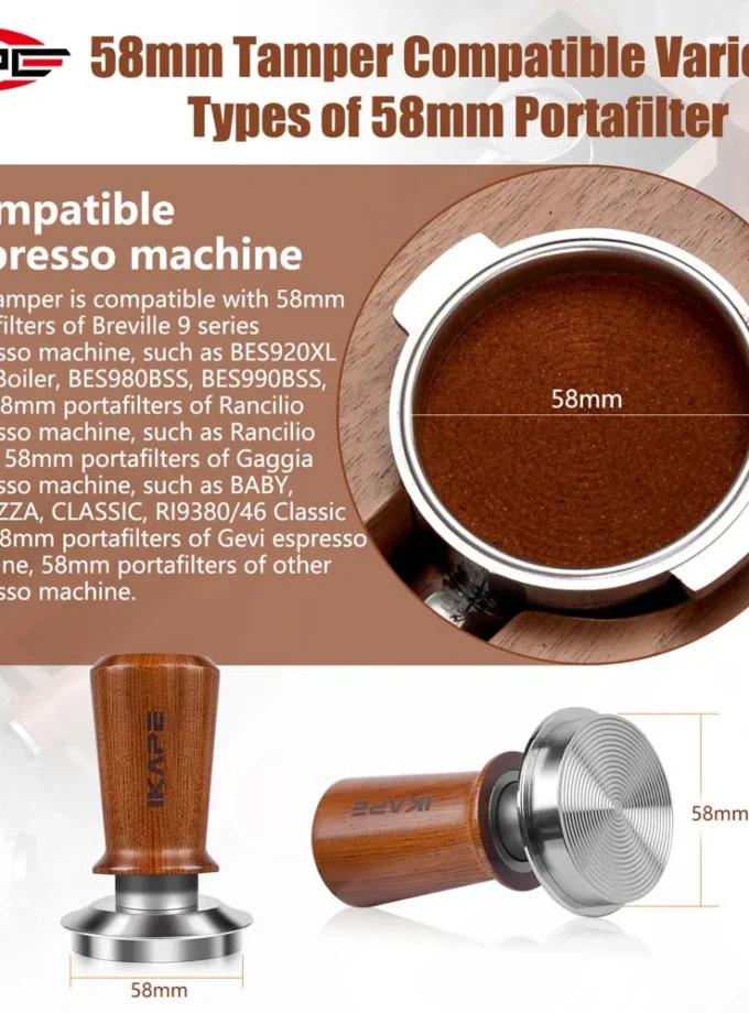 IKAPE Spring Loaded Calibrated Tamper Wooden Handle (49-58mm)