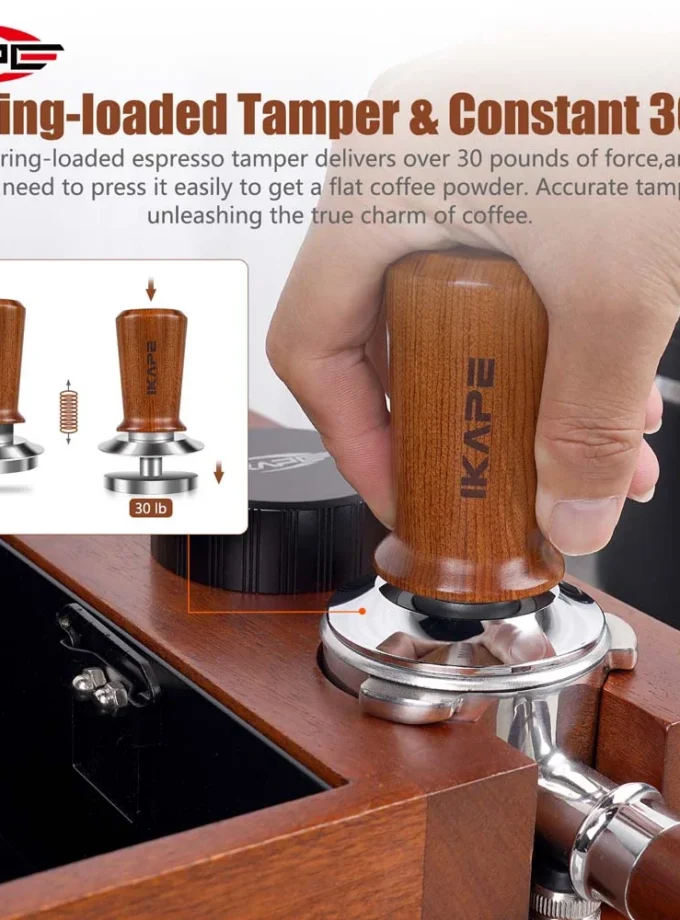 IKAPE Spring Loaded Calibrated Tamper Wooden Handle (49-58mm)