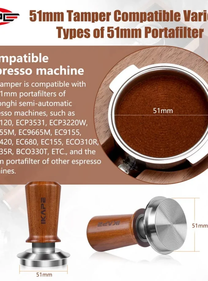 IKAPE Spring Loaded Calibrated Tamper Wooden Handle (49-58mm)