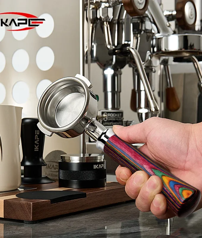 IKAPE Bottomless Portafilter — Rainbow Wood Handle (51/54/58mm)
