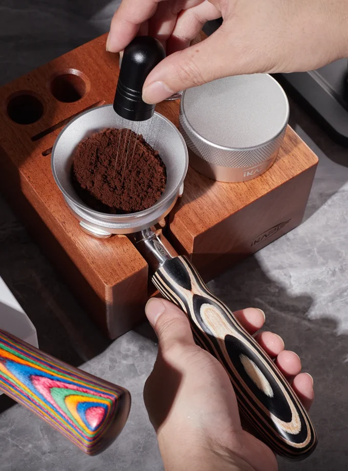 IKAPE Bottomless Portafilter — Pearl White Wood (51/54/58mm)