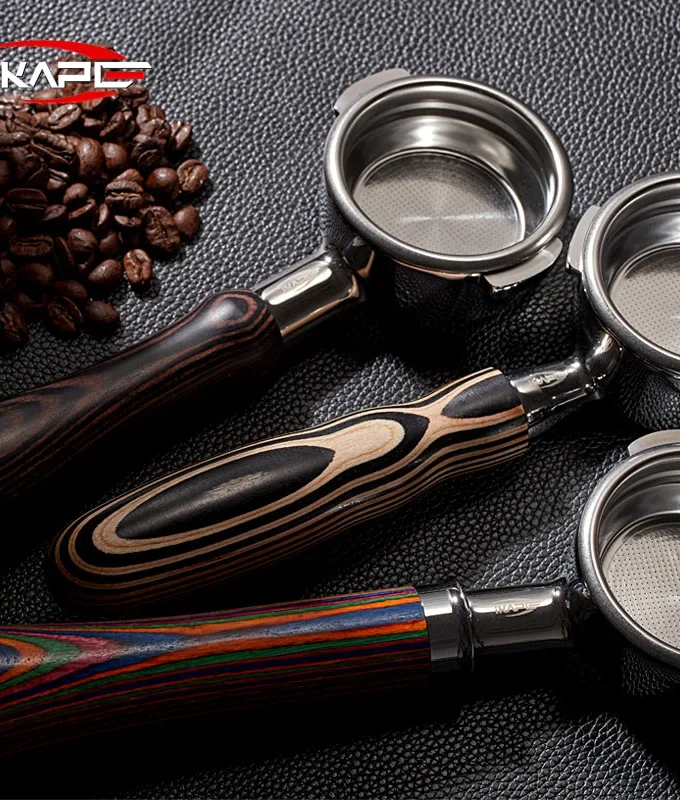 IKAPE Bottomless Portafilter — Rainbow Wood Handle (51/54/58mm)