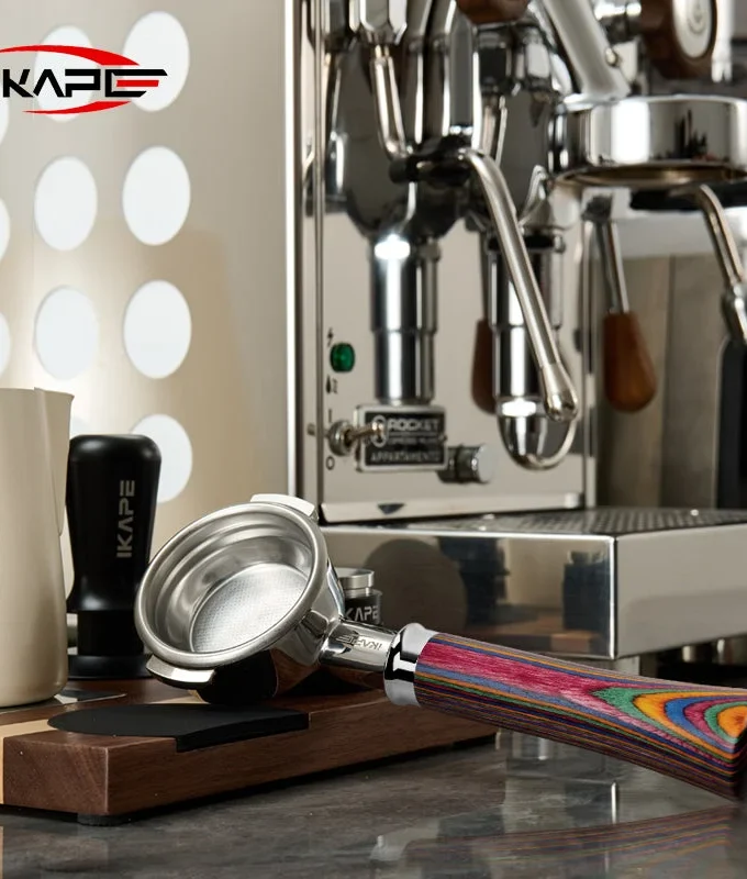 IKAPE Bottomless Portafilter — Rainbow Wood Handle (51/54/58mm)